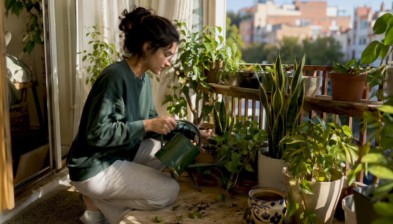 Woman watering easy indoor houseplants