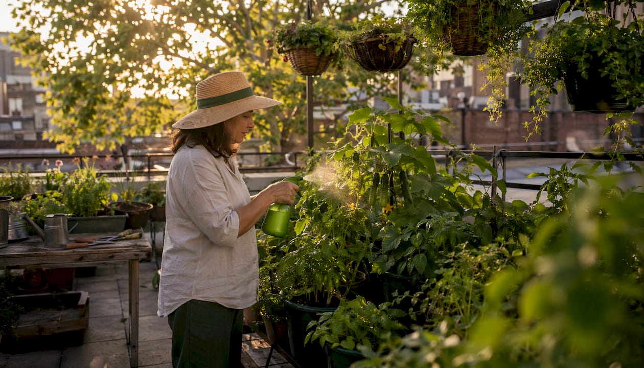 Woman watering vegetables on urban balcony garden