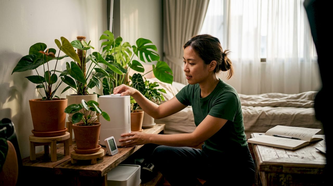 Woman setting humidifier near tropical aroids