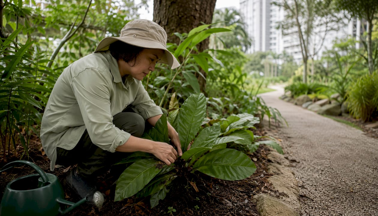 Gardener tending shaded native plants in Singapore park