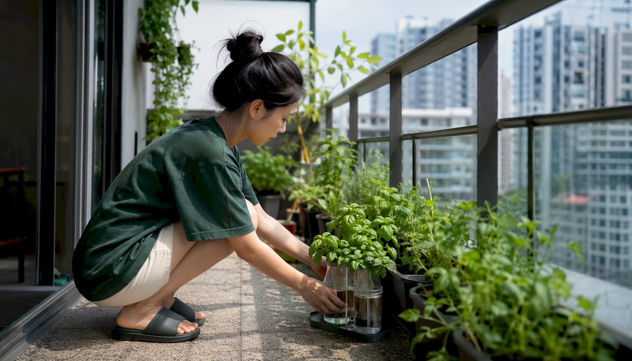 Woman setting up hydroponic jars in apartment kitchen