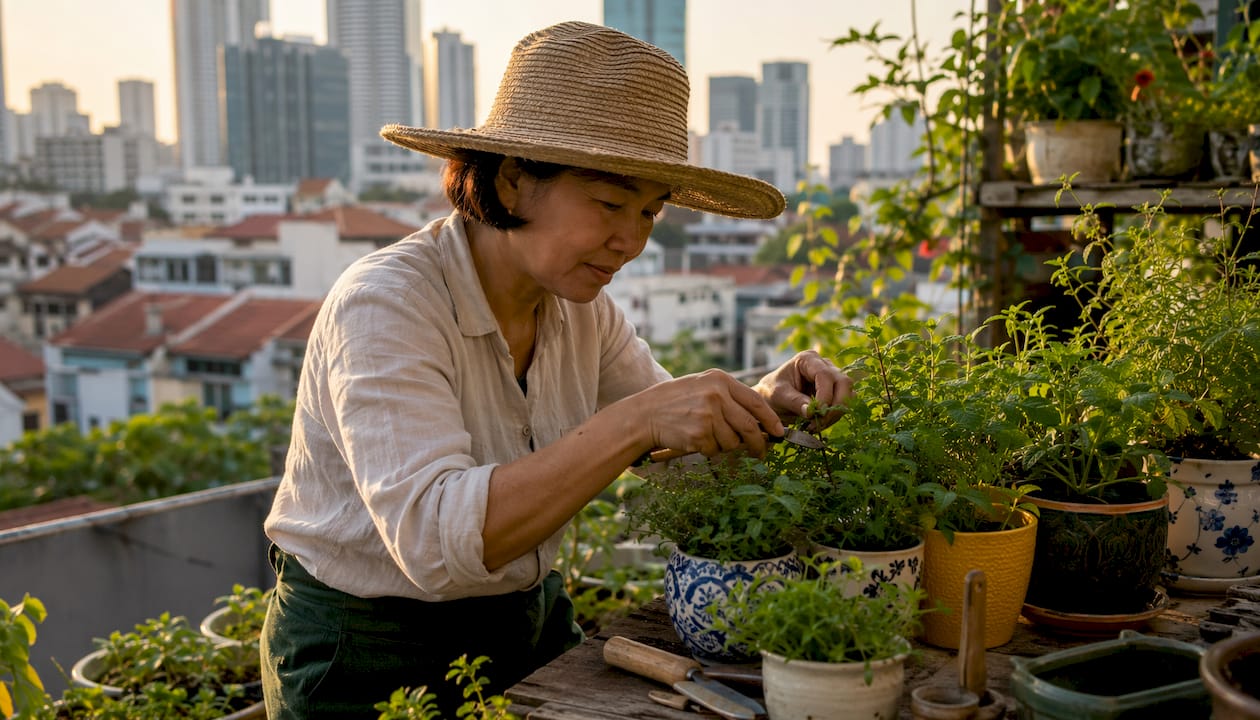 Woman tending herbs on Singapore apartment balcony