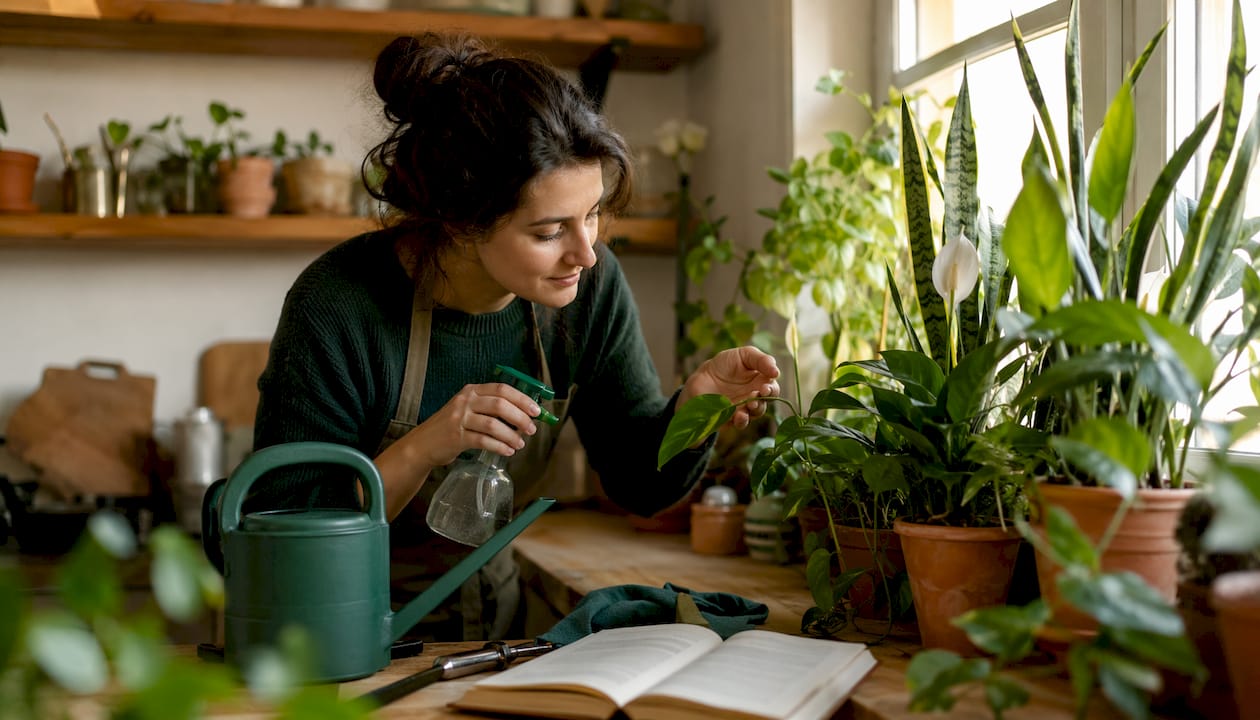 Woman caring for fast-growing houseplants indoors