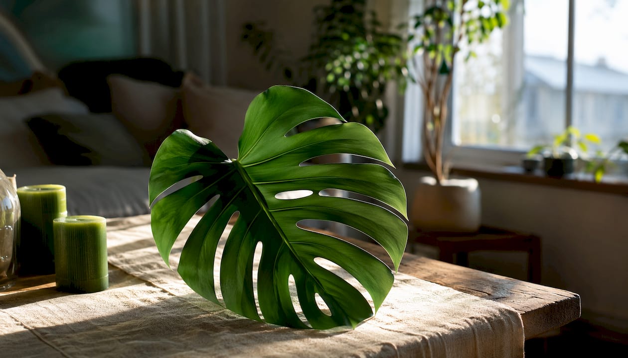 Close-up green leaf with natural fenestration holes