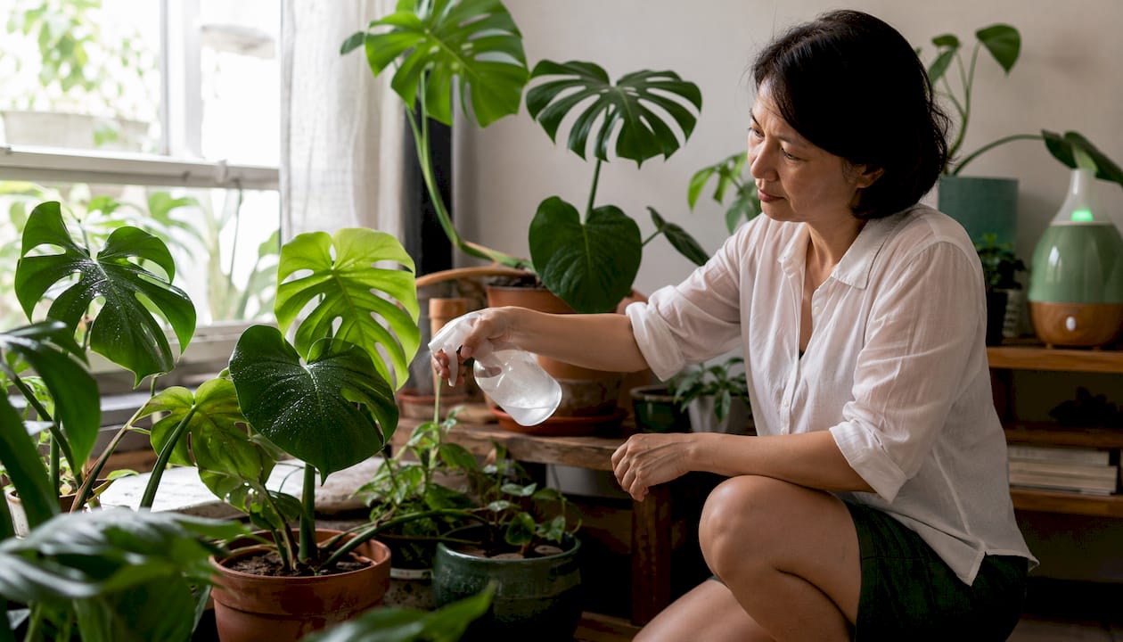 Woman misting Monstera plants on humid balcony