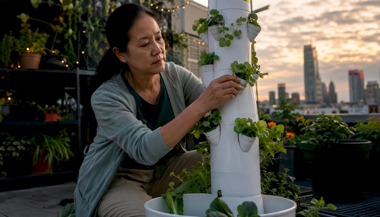Woman assembling hydroponic tower on balcony