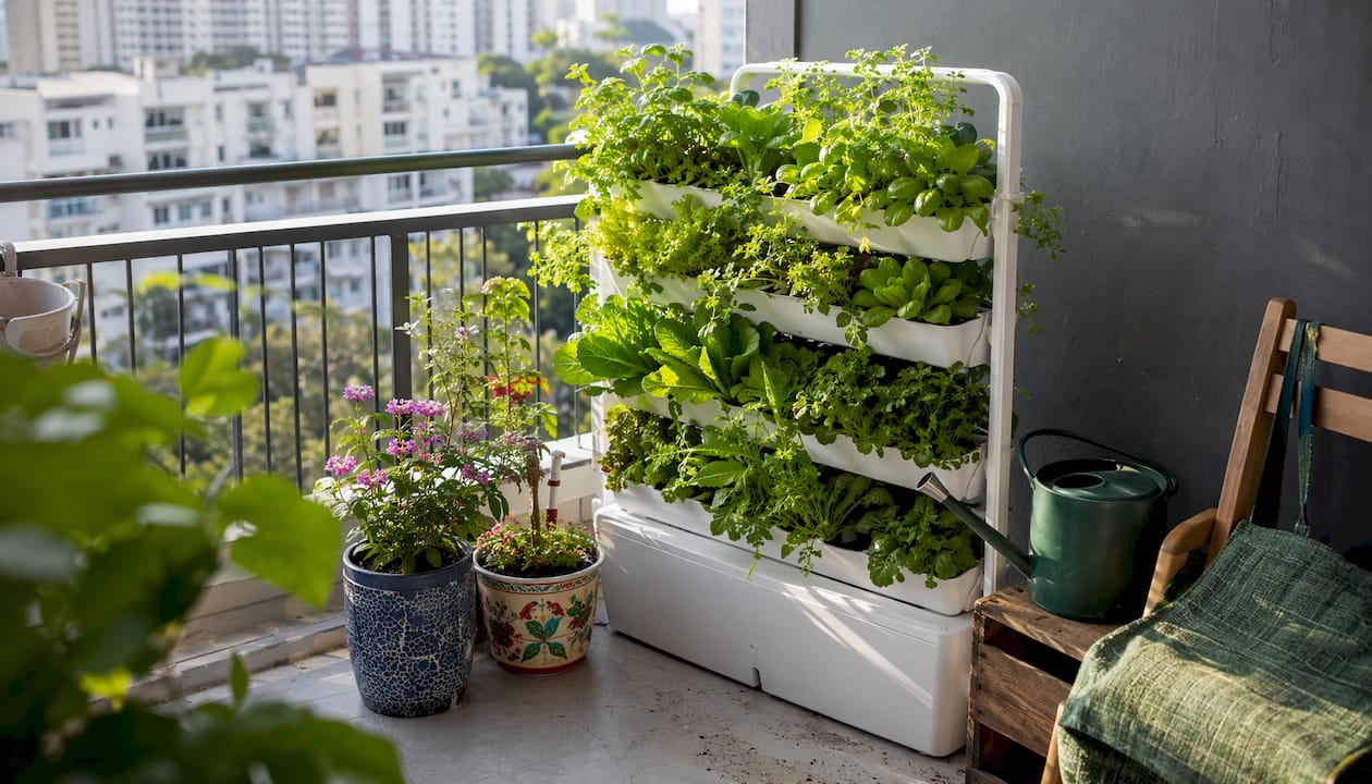 Vertical hydroponic system on Singapore apartment balcony