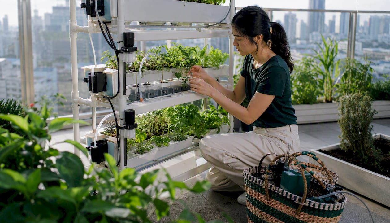 Woman adjusting automated hydroponic grow system on balcony