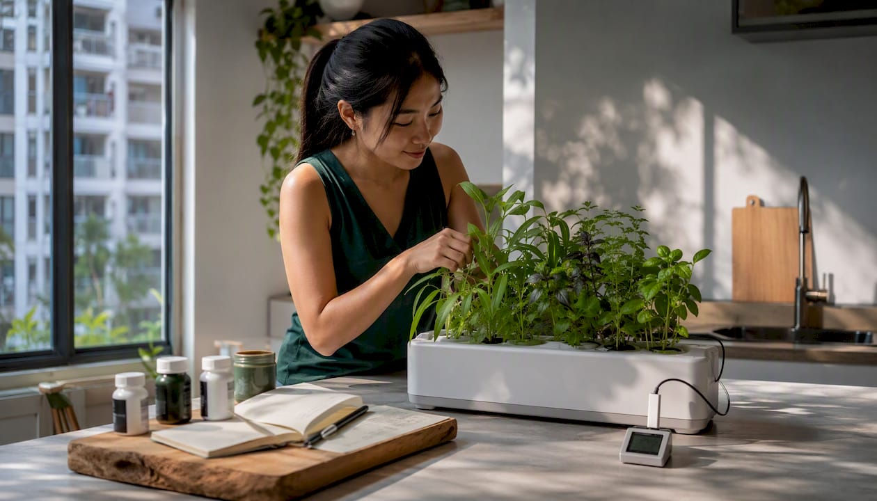 Young woman tending indoor hydroponic tropical garden