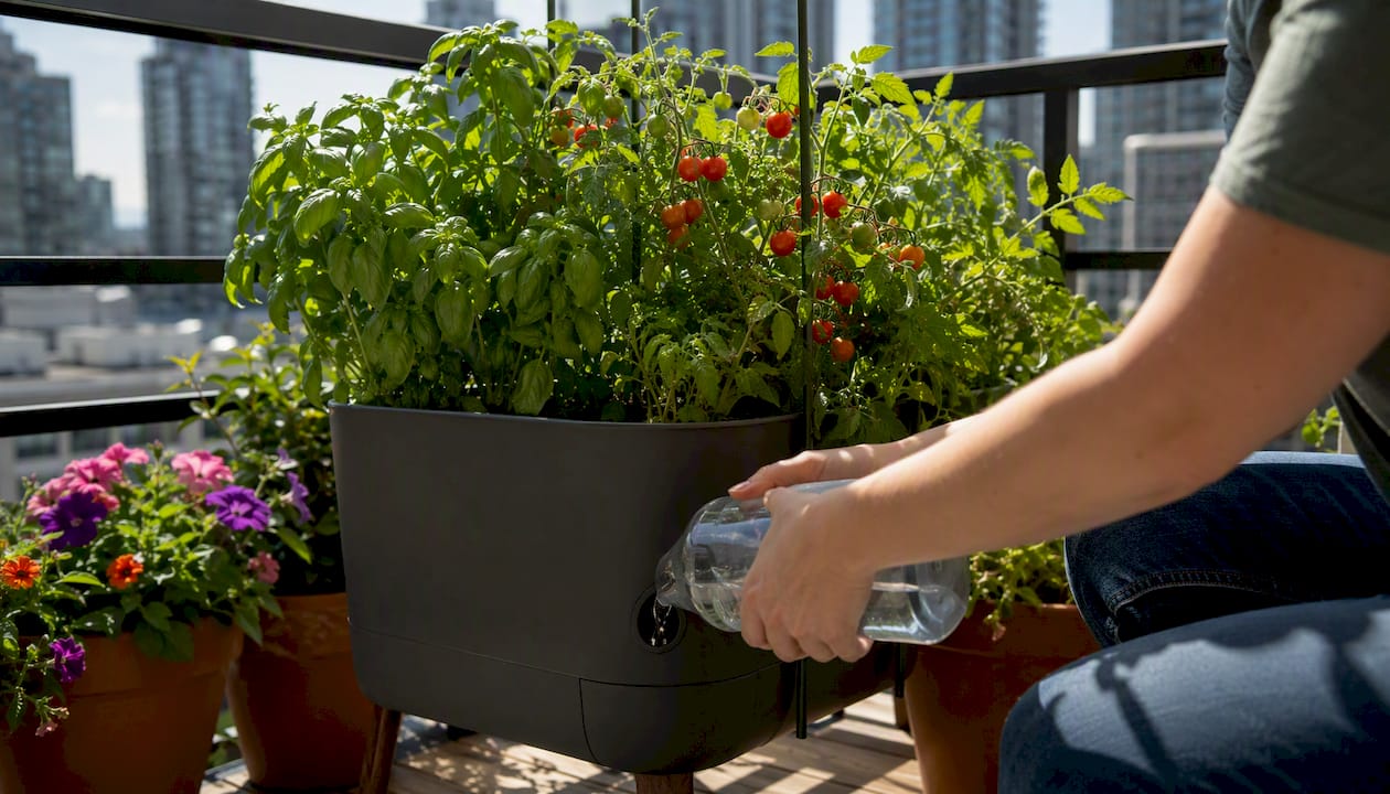 Hands refilling self-watering planter on urban balcony