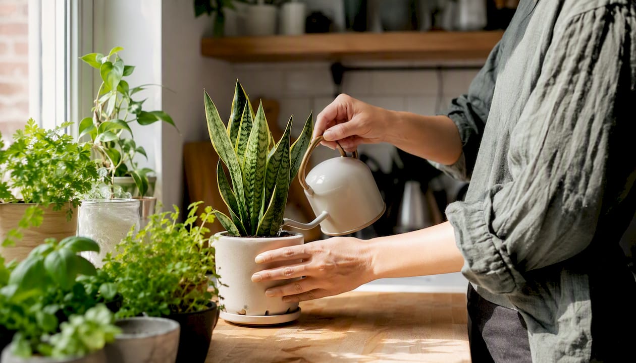 Hands watering indoor snake plant