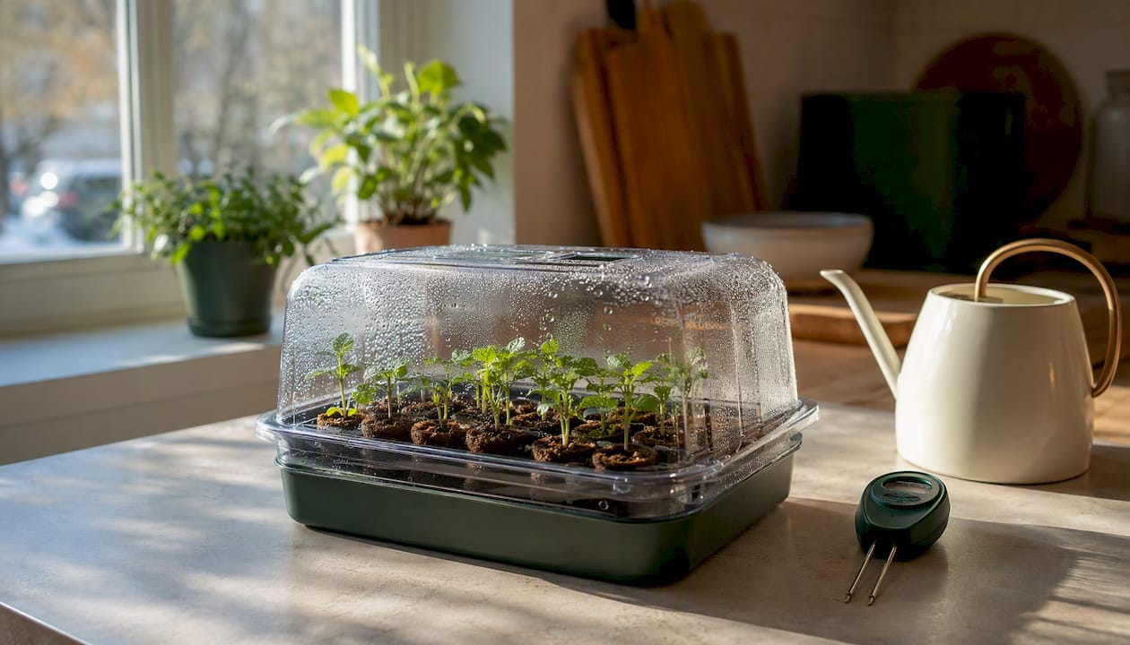 Compact hydroponic germination kit on windowsill