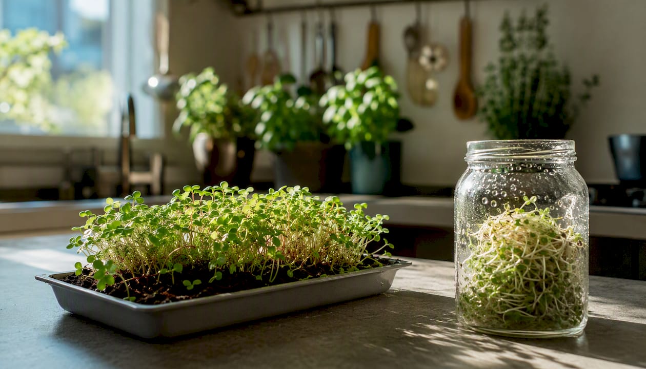Microgreens tray and sprouting jar on counter