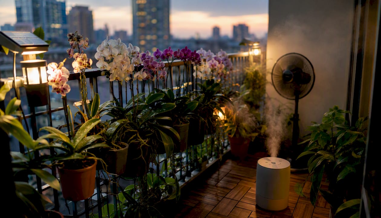 Indoor orchids on windowsill with humidifier and fan