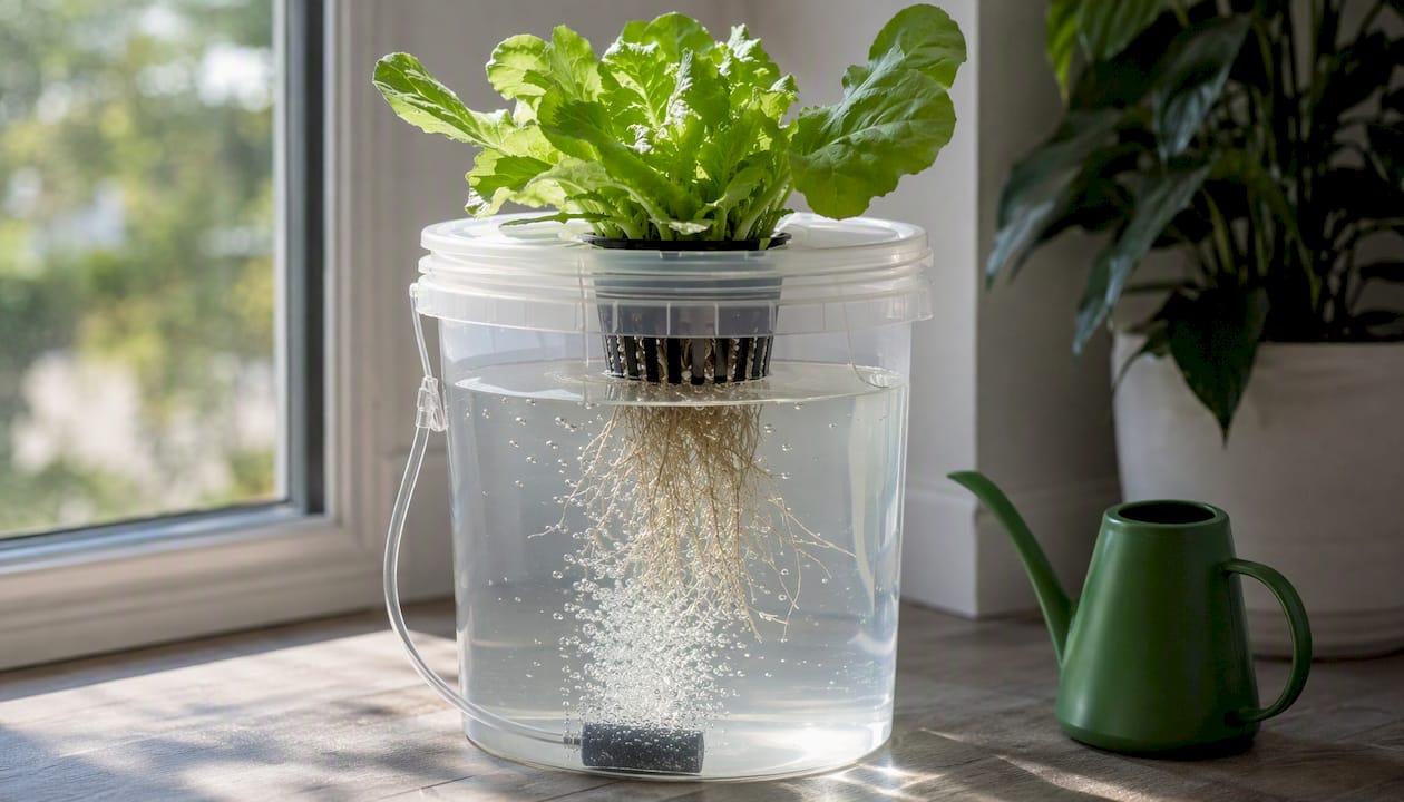 Deep water culture bucket with plant roots