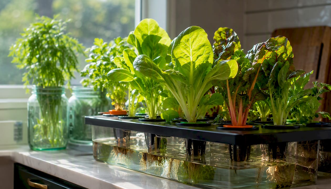 Indoor hydroponic vegetables growing on urban windowsill