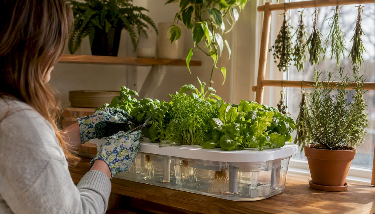 Hands tending hydroponic herbs on kitchen counter