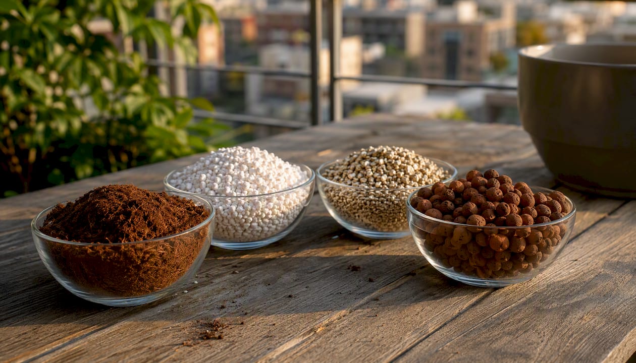 Close-up of various grow mediums in bowls