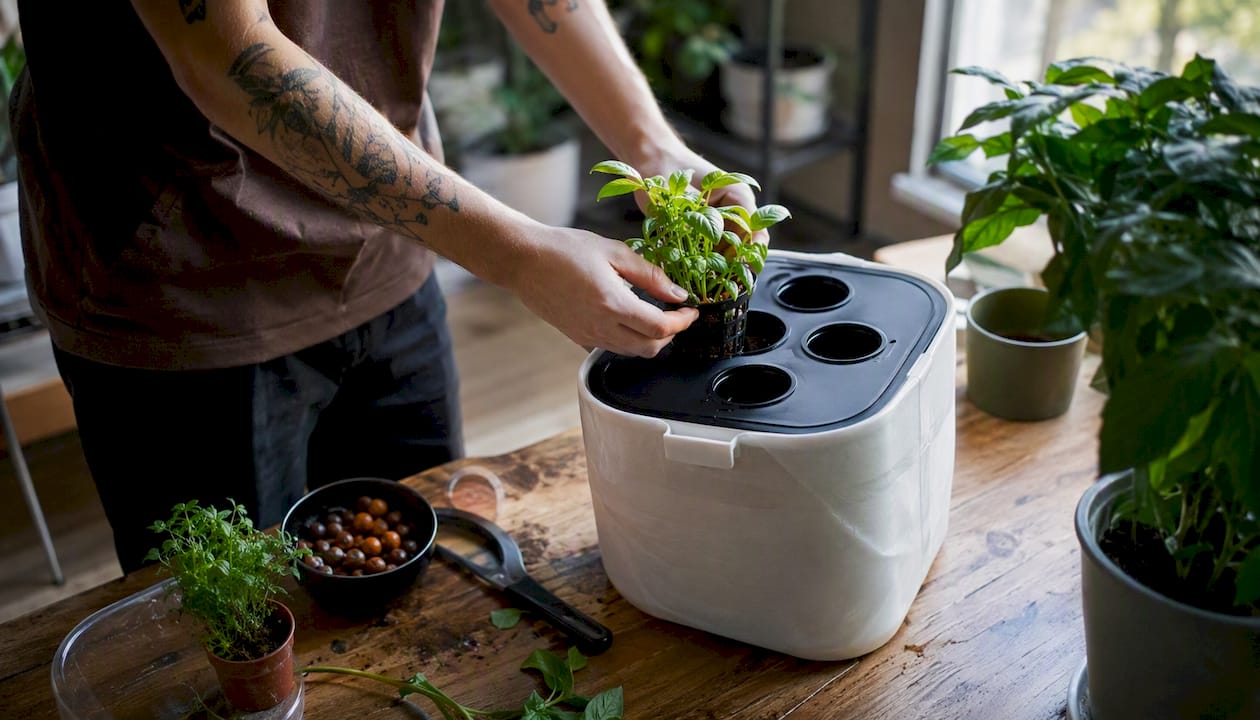 Hands placing seedling in hydroponic system