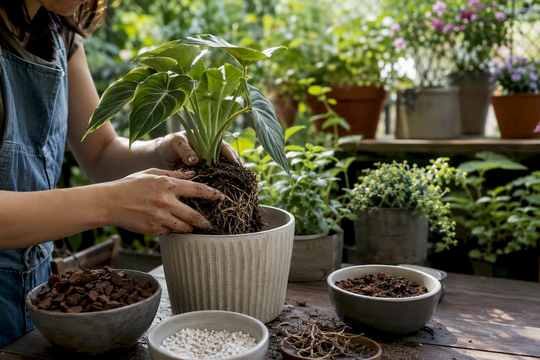 Hands repotting aroid plant with chunky potting mix