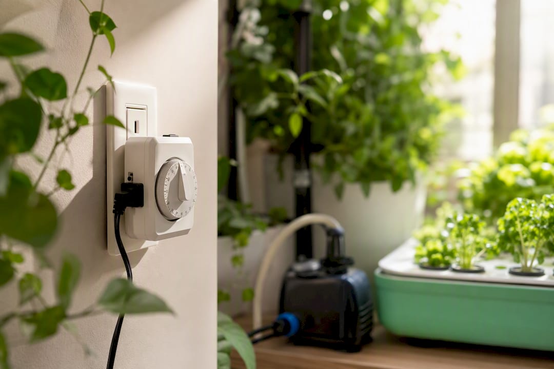 Hydroponic timer plugged into wall outlet
