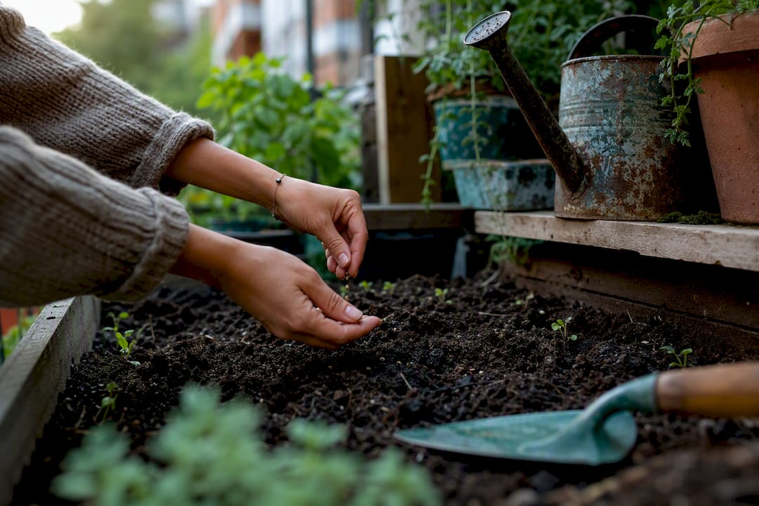Hands planting asparagus crowns in mulched garden bed