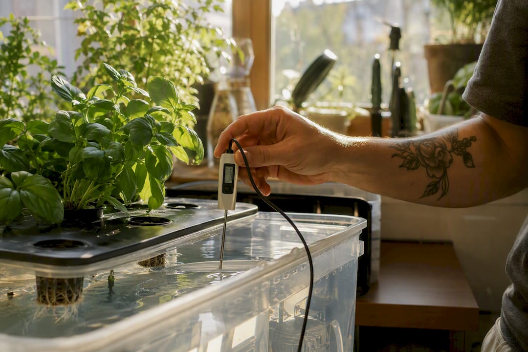 Hand measuring hydroponic water temperature