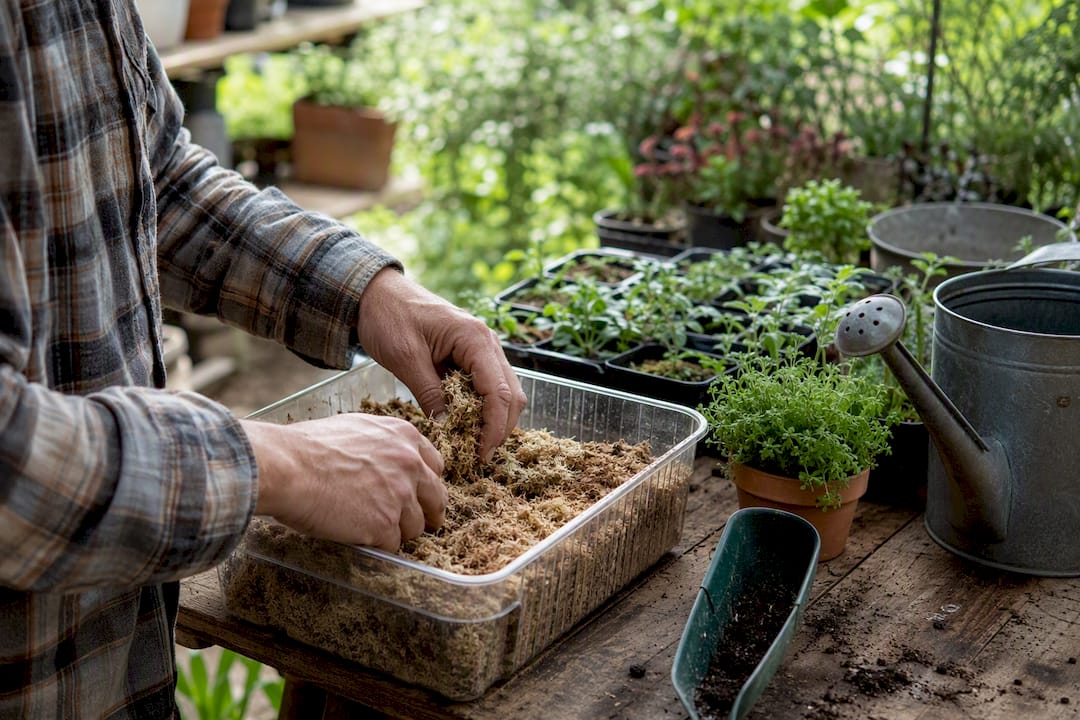 Hands setting up sphagnum moss in propagation box