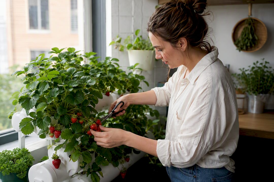 Hands harvesting ripe strawberries indoors
