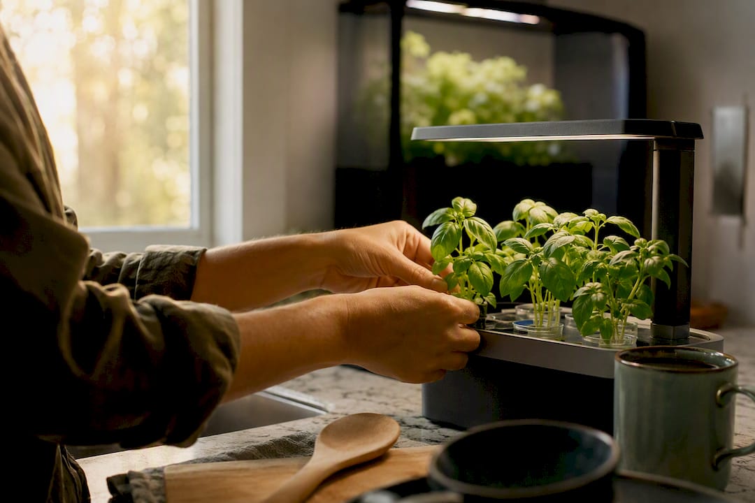Hands tending basil seedlings under LED light