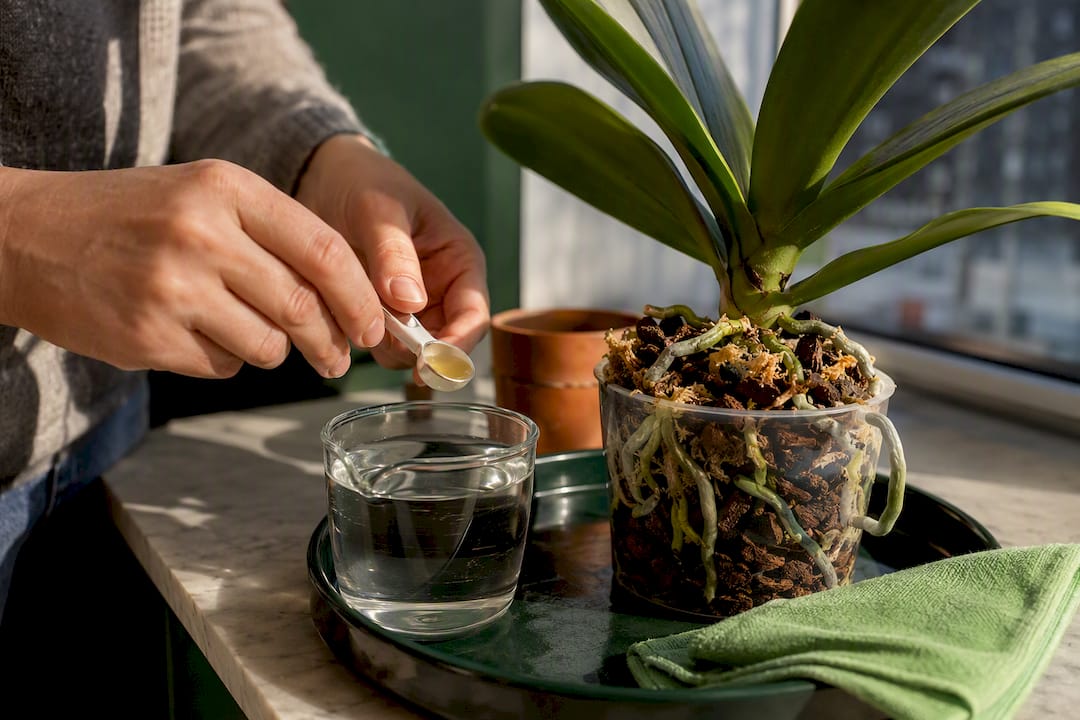 Hands feeding orchid in bark and moss