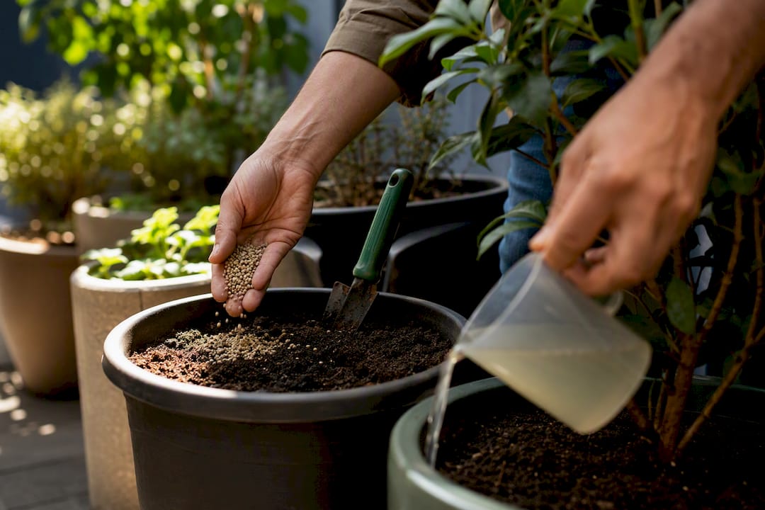 Hands applying dry and liquid plant nutrients
