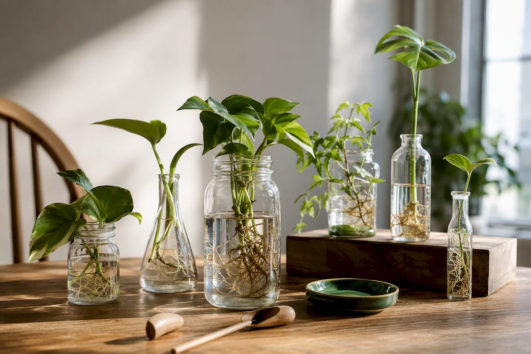 Repurposed containers holding indoor plant cuttings