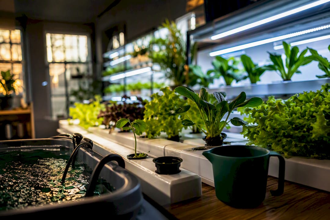 Partial hydroponic setup with illuminated grow channels