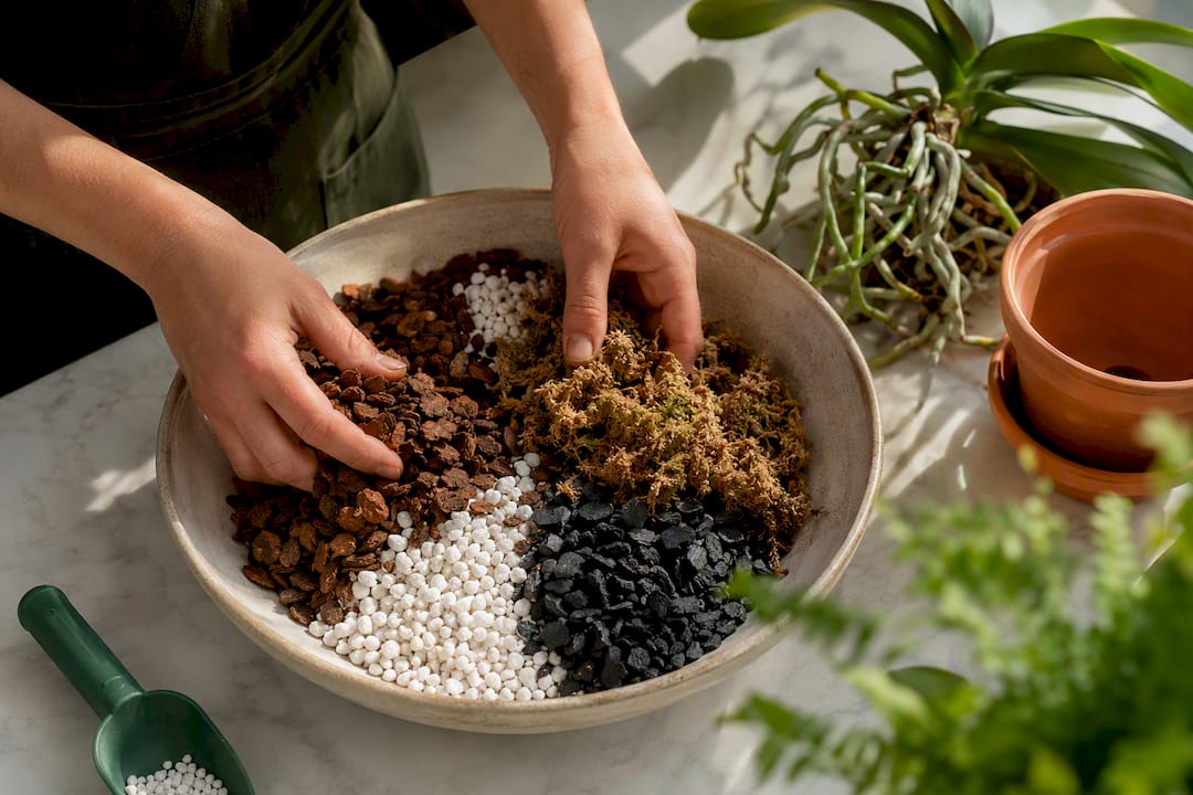 Hands mixing chunky orchid potting ingredients