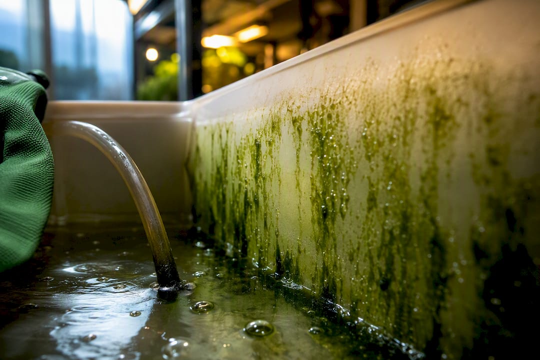 Green algae coating a hydroponic reservoir