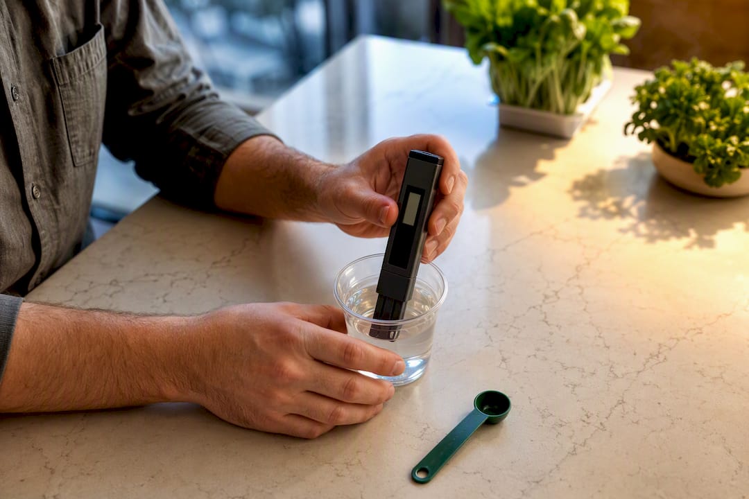 Grower testing water sample for TDS