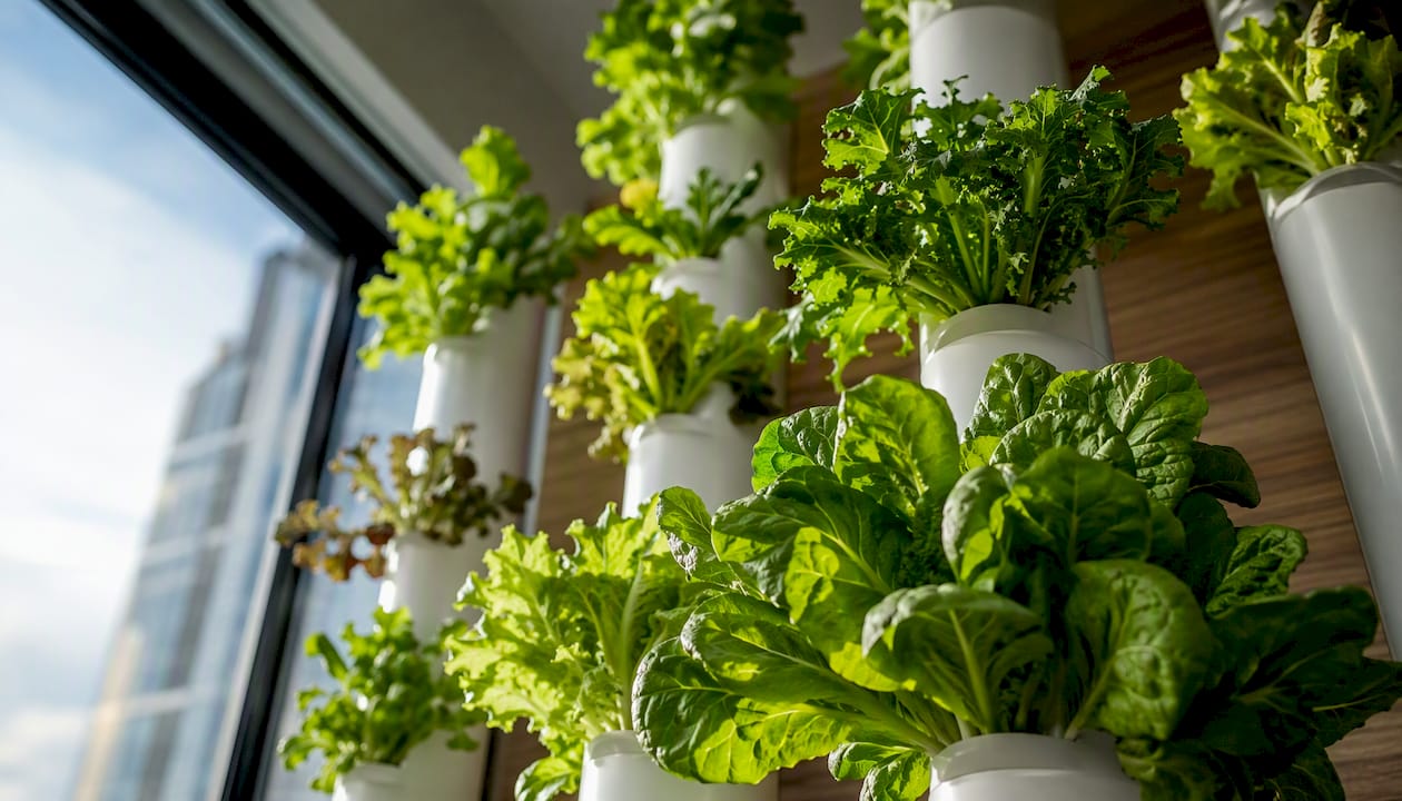 Leafy greens growing in vertical planting columns