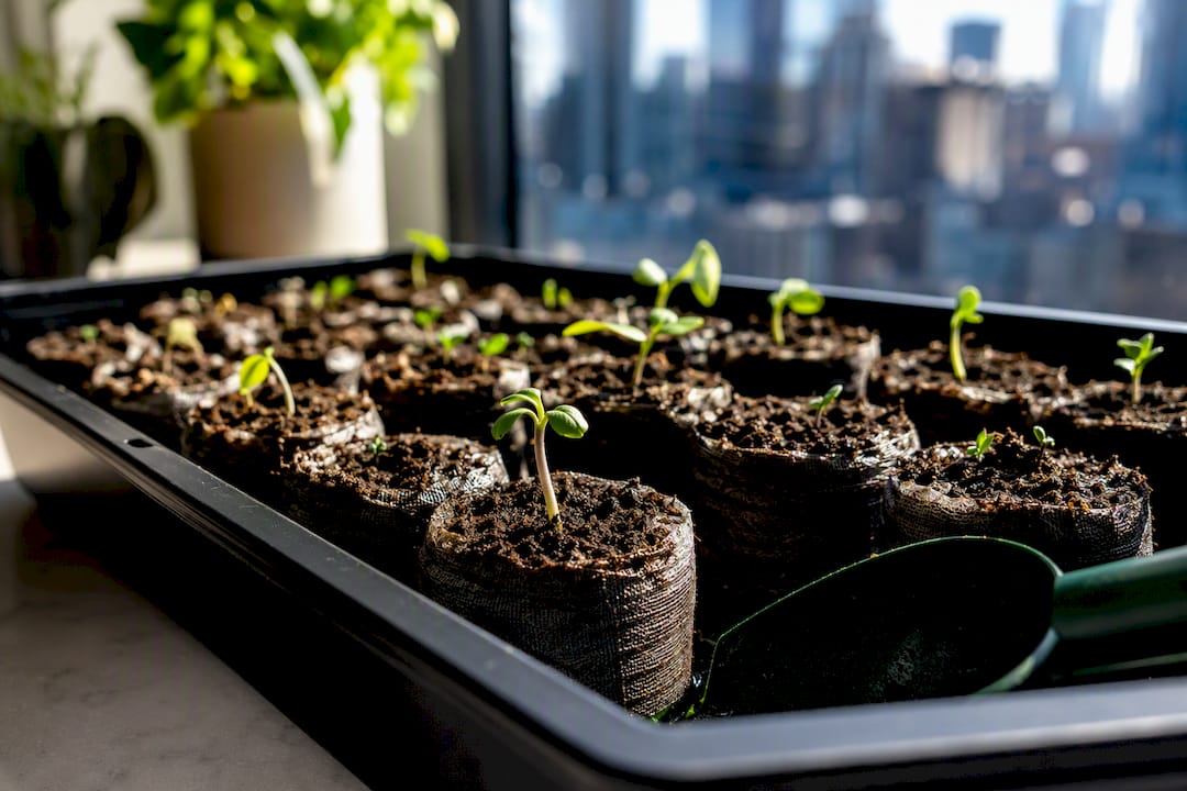 Damp seed plugs with emerging seedlings