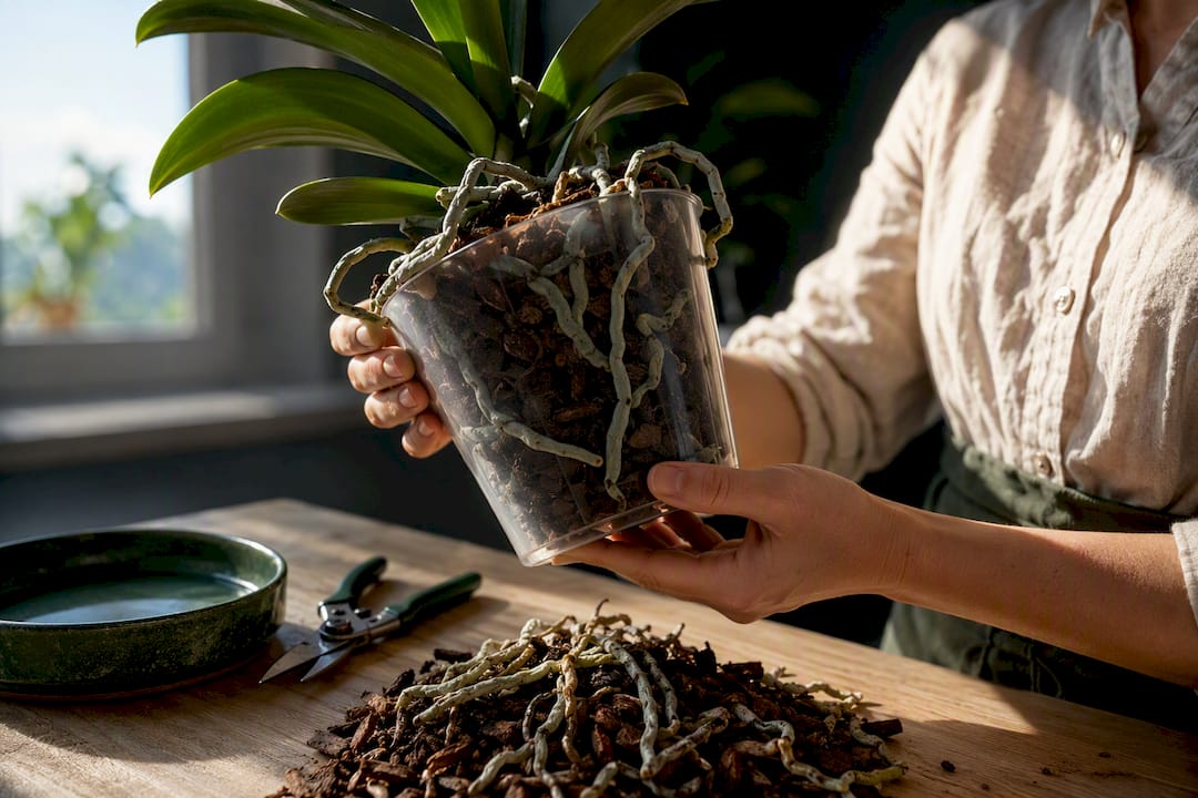 Grower inspecting orchid roots escaping pot