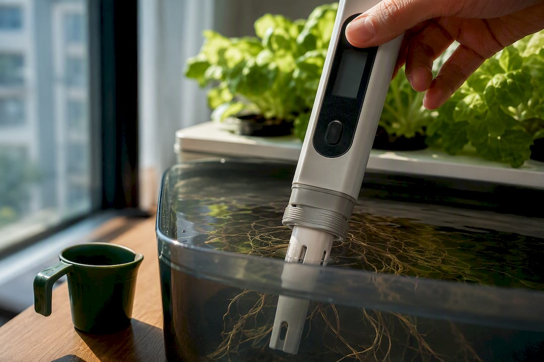 EC meter probe testing hydroponic nutrient solution