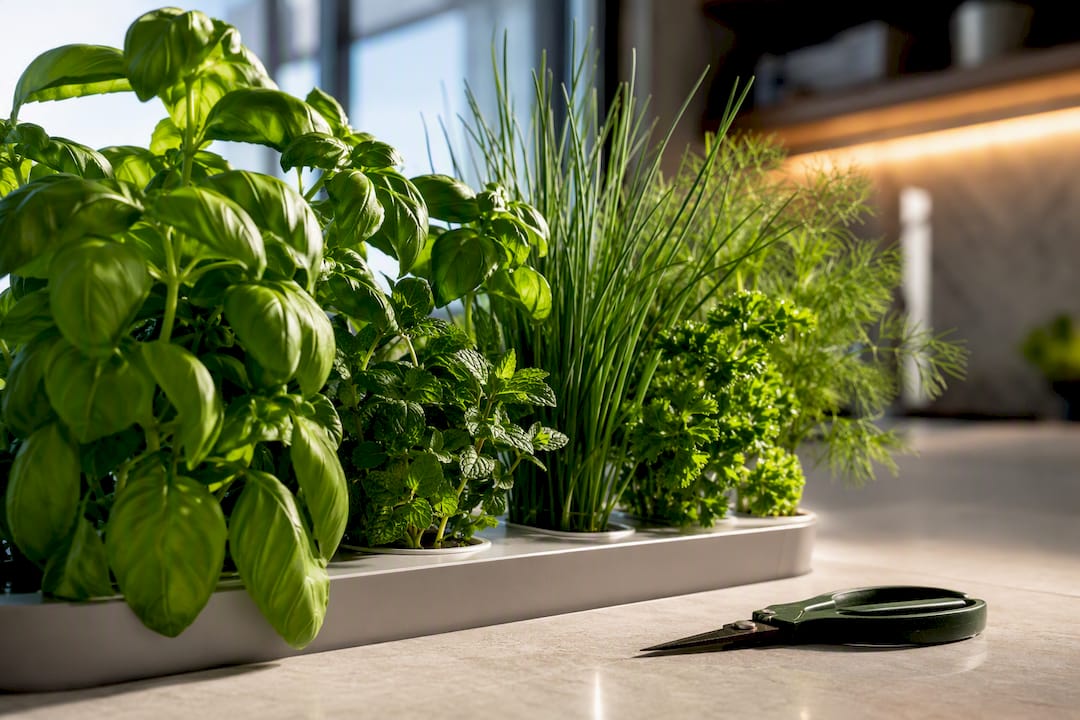Fresh herbs growing on a countertop indoors