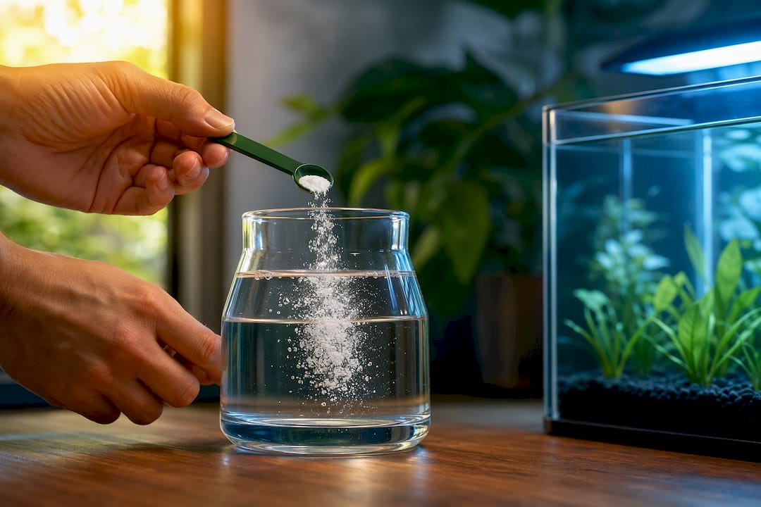 Hands adding vitamin C to aquarium water