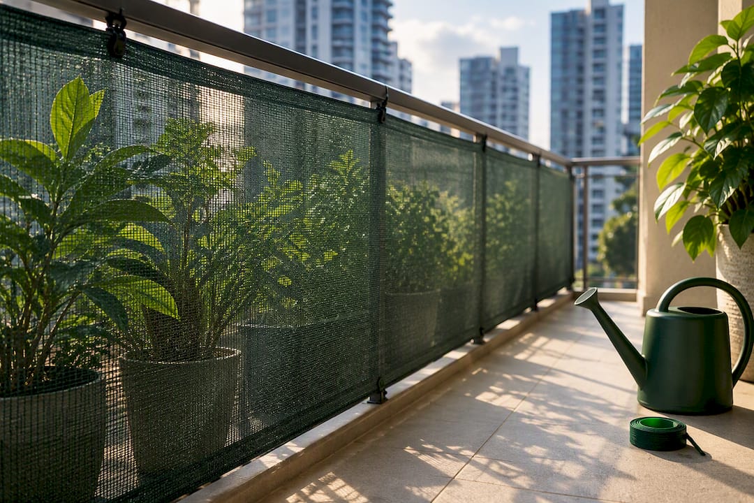 Mesh screen protecting balcony plants from wind