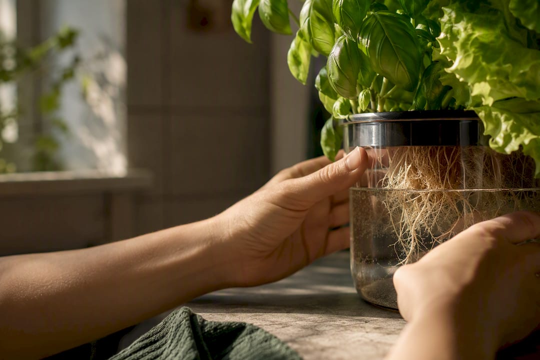 Hands checking an apartment Kratky jar