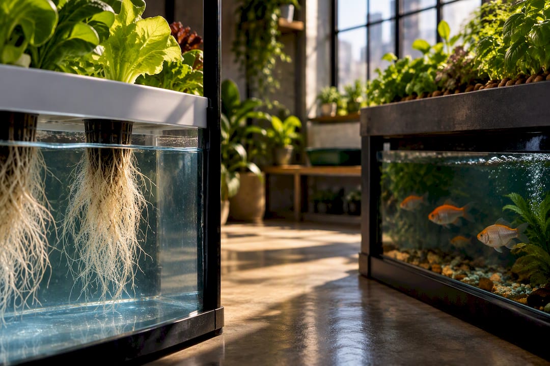 Split view of hydroponic and aquaponic growing