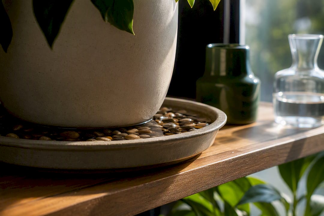 Pebble humidity tray beneath houseplant