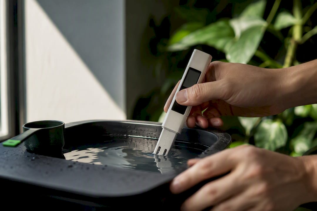 Hands checking EC meter in nutrient reservoir