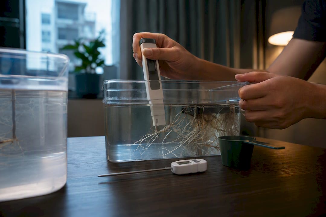 Grower checking hydroponic reservoir conditions