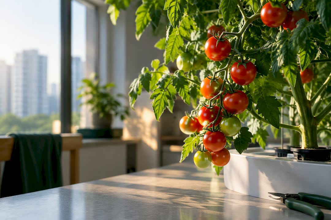 Tomato plant growing in indoor hydroponic system